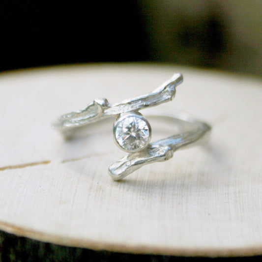 Entwined Silver Branch Ring with Cubic Zirconia