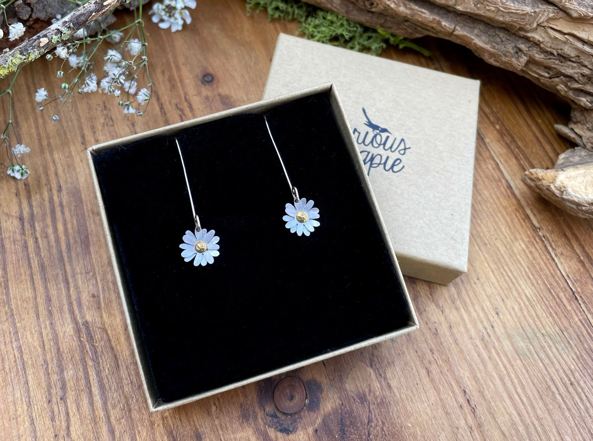 Gold & Silver Daisy Drop Earrings by Curious Magpie Jewellery