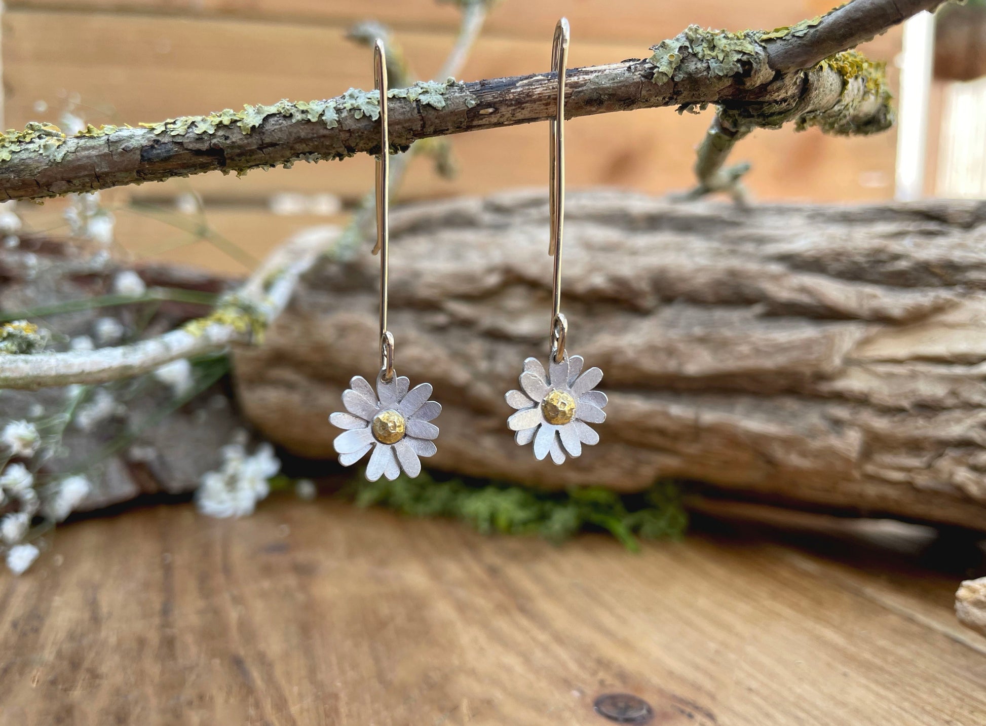 Gold & Silver Daisy Drop Earrings by Curious Magpie Jewellery