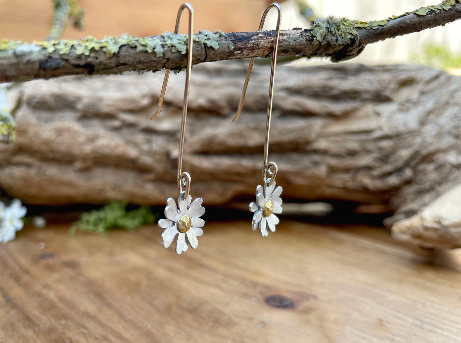 Gold & Silver Daisy Drop Earrings by Curious Magpie Jewellery