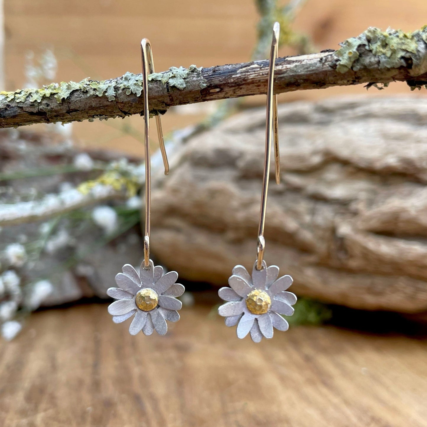 Gold & Silver Daisy Drop Earrings by Curious Magpie Jewellery
