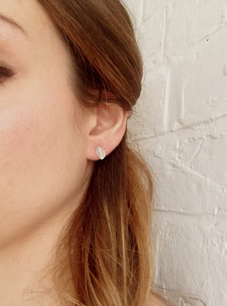 Silver Leaf Stud Earrings Worn by Curious Magpie Jewellery