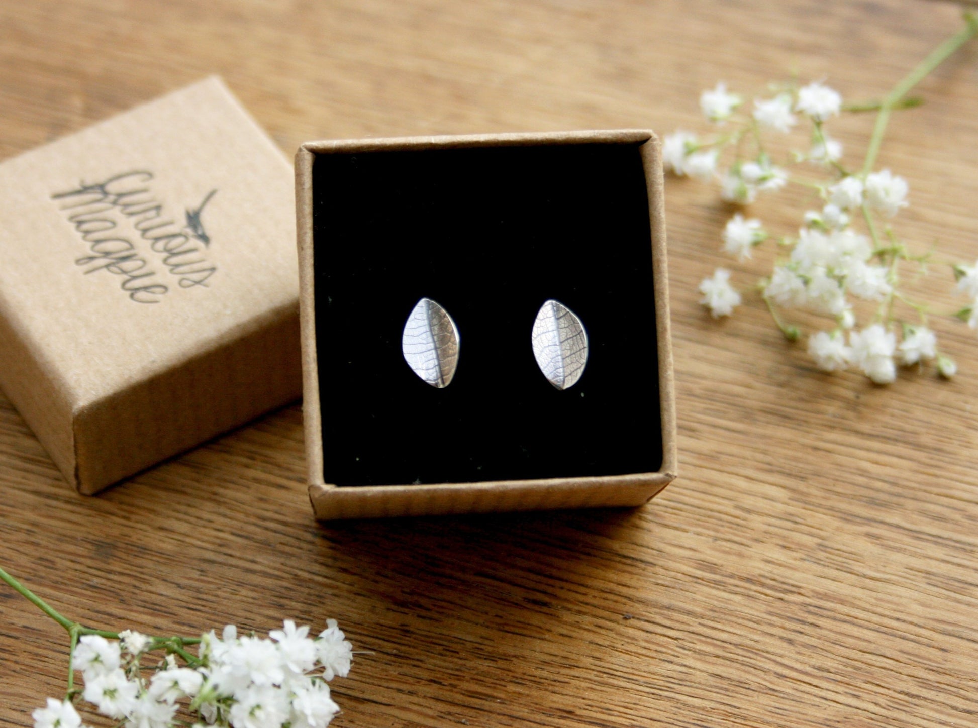 Silver Leaf Stud Earrings in Box by Curious Magpie Jewellery