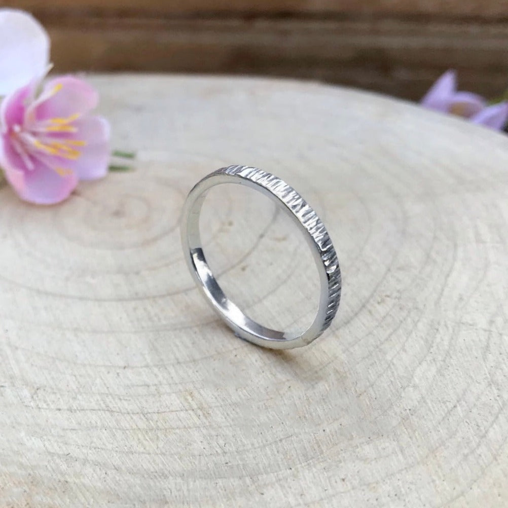 Silver Narrow Tree Bark Ring by Curious Magpie Jewellery