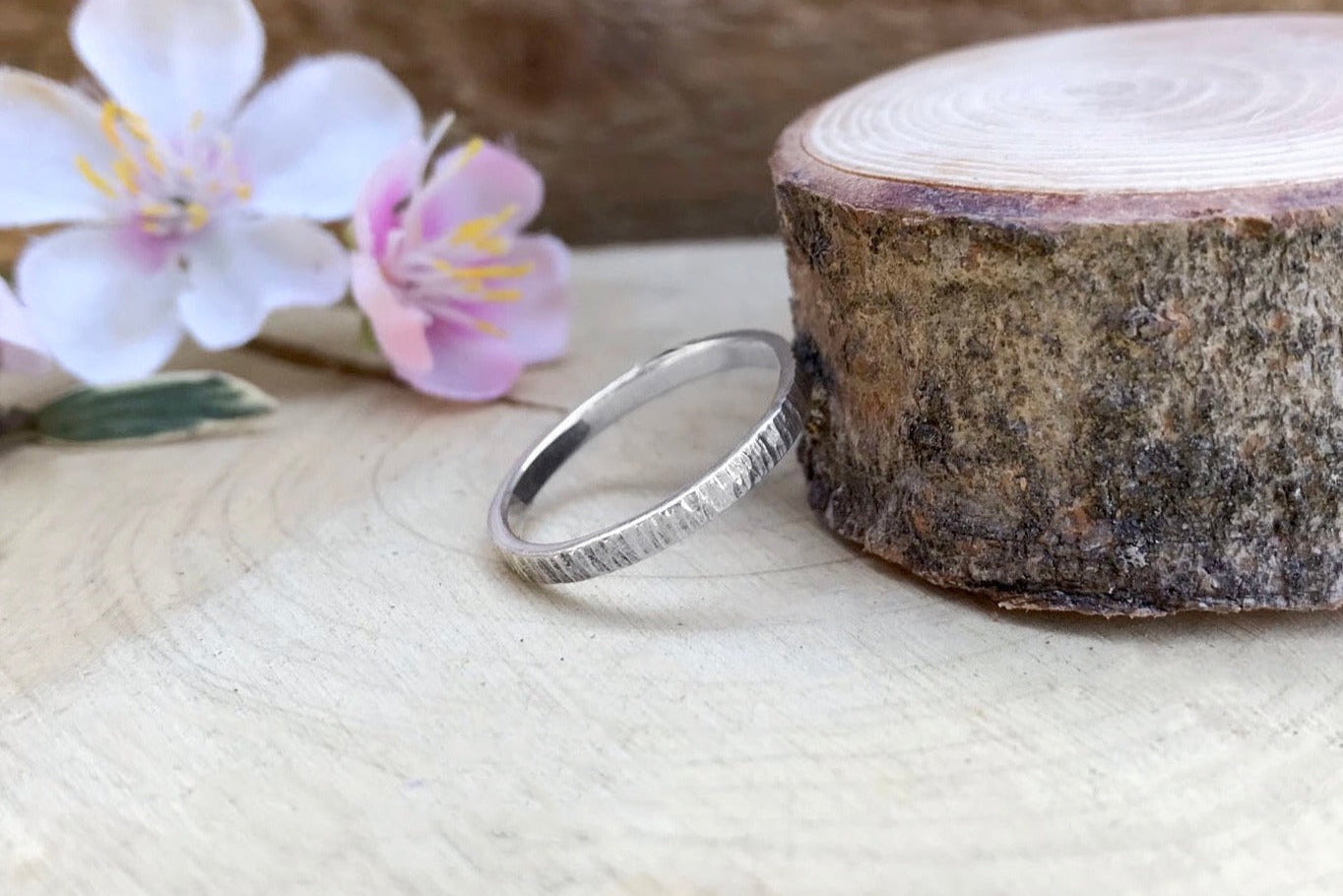 Silver Narrow Tree Bark Ring by Curious Magpie Jewellery