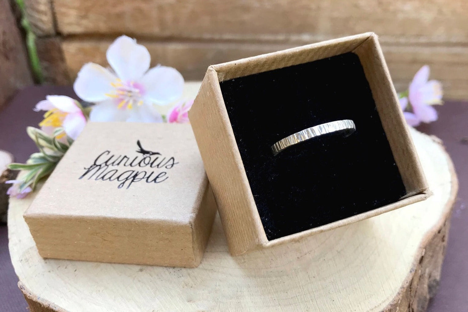 Silver Narrow Tree Bark Ring by Curious Magpie Jewellery