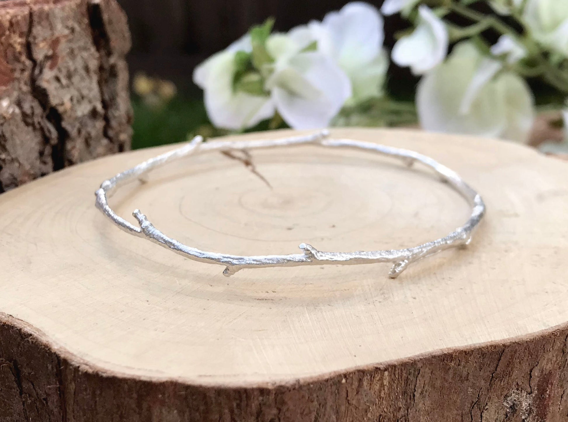 Narrow Silver Twig Bangle by Curious Magpie Jewellery