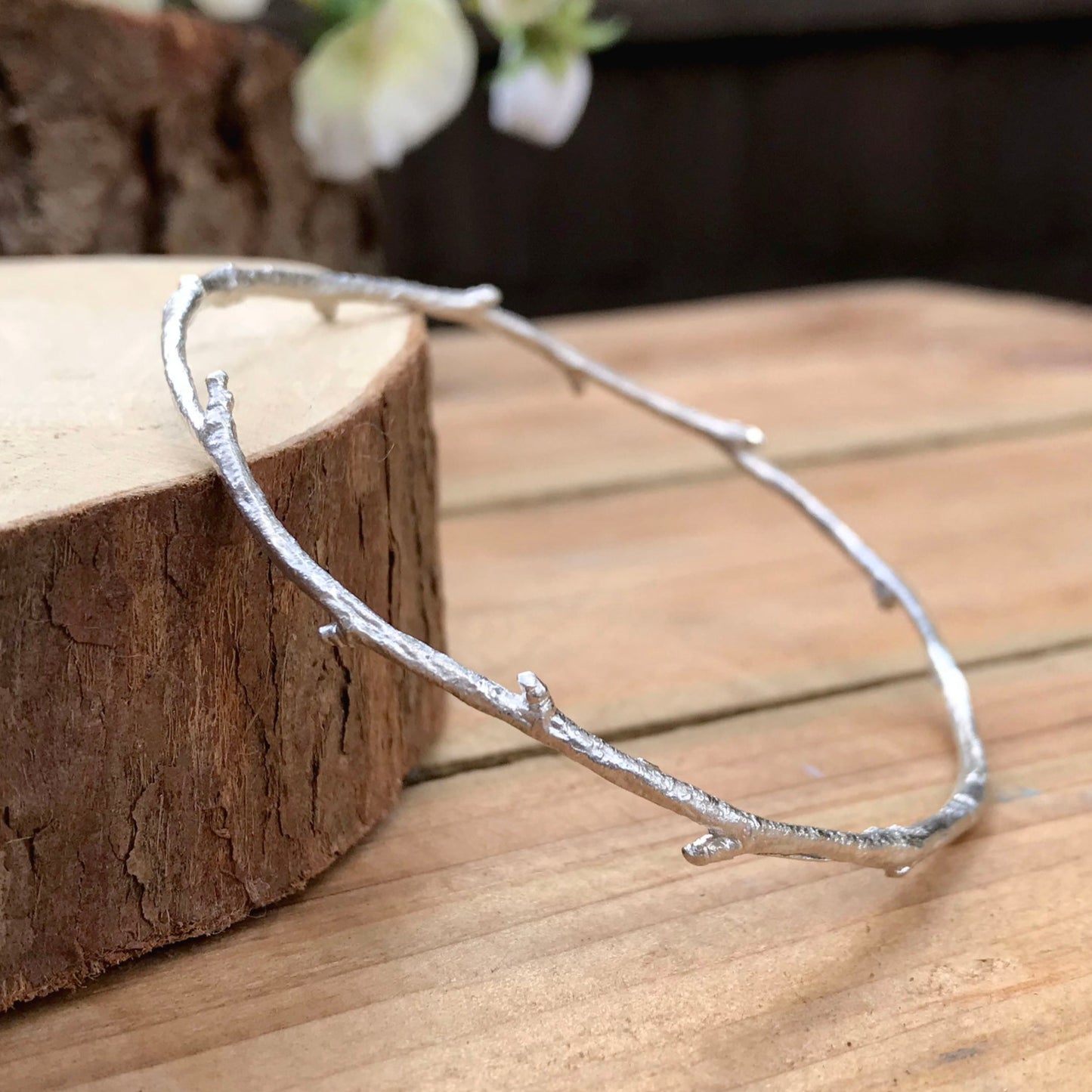 Narrow Silver Twig Bangle by Curious Magpie Jewellery