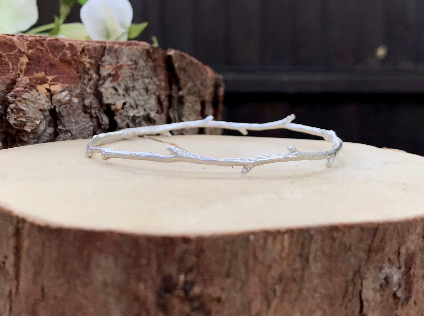 Narrow Silver Twig Bangle by Curious Magpie Jewellery