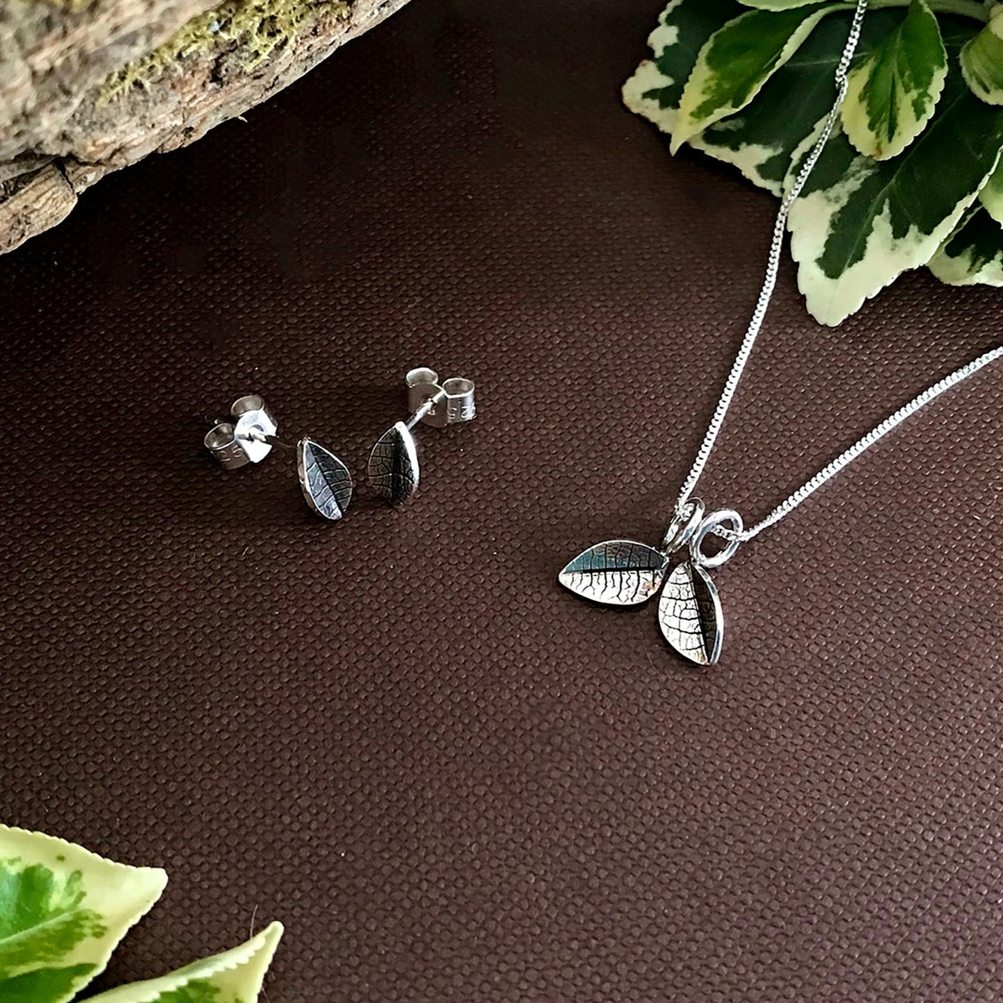 Silver Twin Leaf Necklace and Leaf Stud Earring Set by Curious Magpie Jewellery