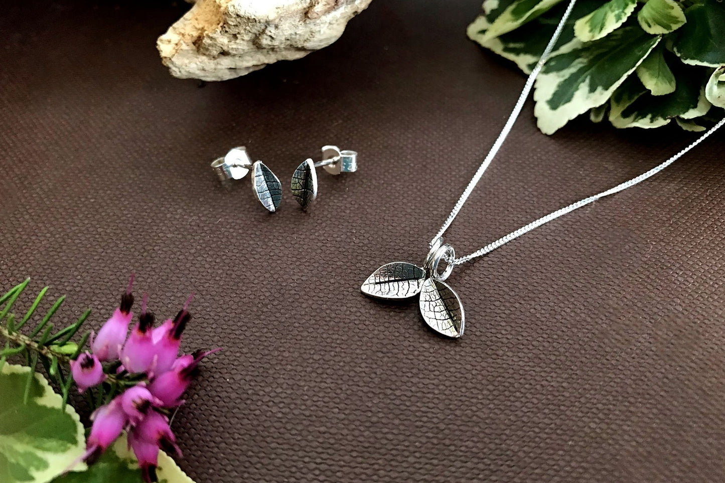 Twin Silver Leaf Necklace and Leaf Stud Earring Set by Curious Magpie Jewellery