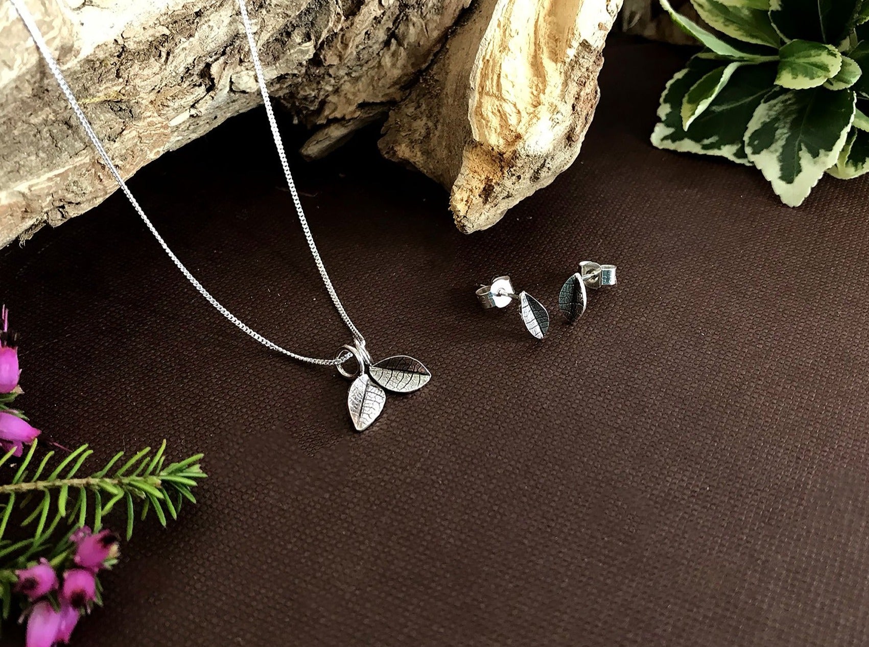 Twin Silver Leaf Necklace and Leaf Stud Earring Set by Curious Magpie Jewellery