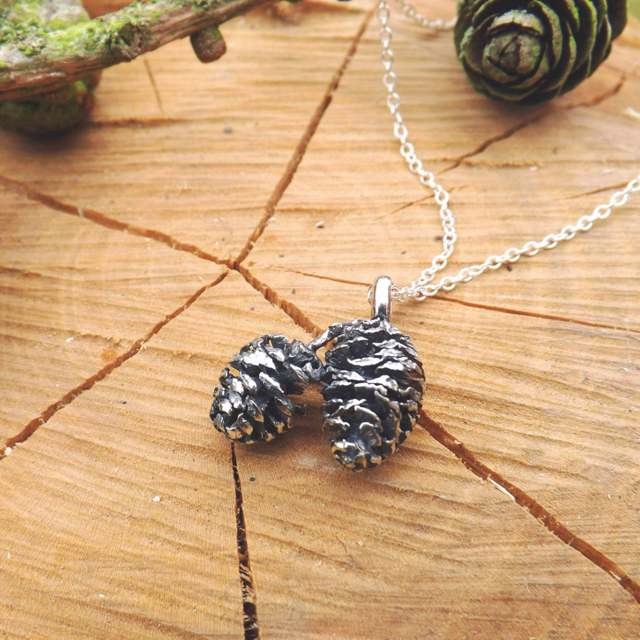 Silver Twin Pinecone Necklace - Curious Magpie Jewellery - 1