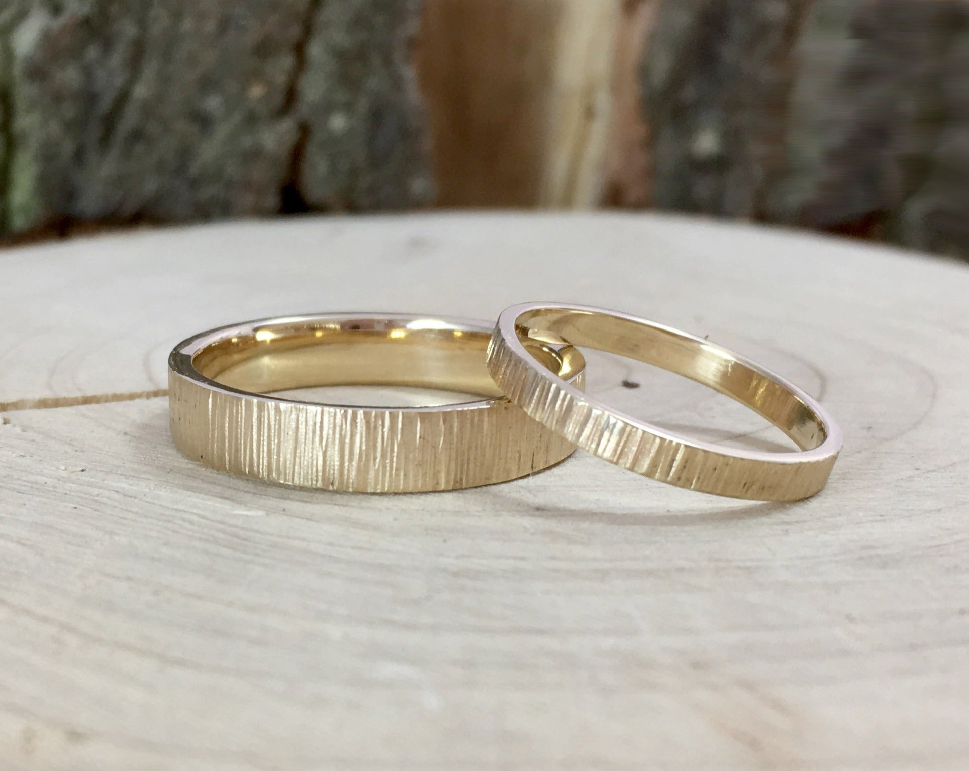 Gold Tree Bark Wedding Rings by Curious Magpie